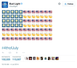 An American flag, made of emojis (fireworks for the stars, and flags and beer for the stripes)